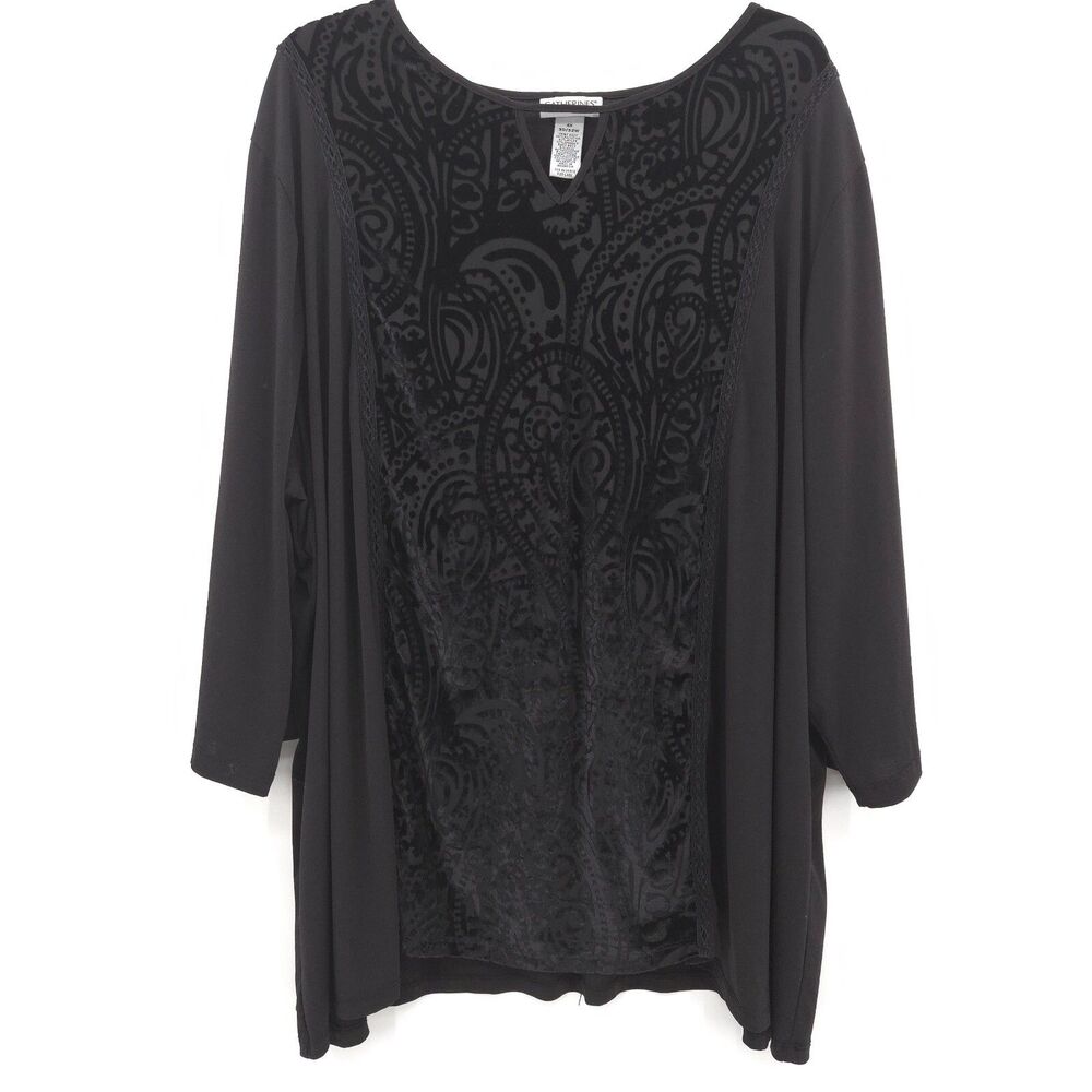 Catherines velvet burnout tunic top‎ Plus Size 4X black paisley knit 3/4 sleeves